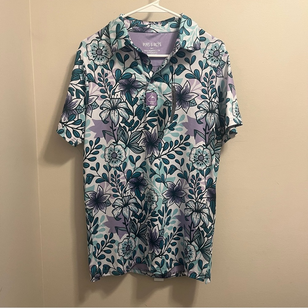 Pins And Aces Polo Shirt Mens Small Blue Purple Golf Performance Stretch Floral